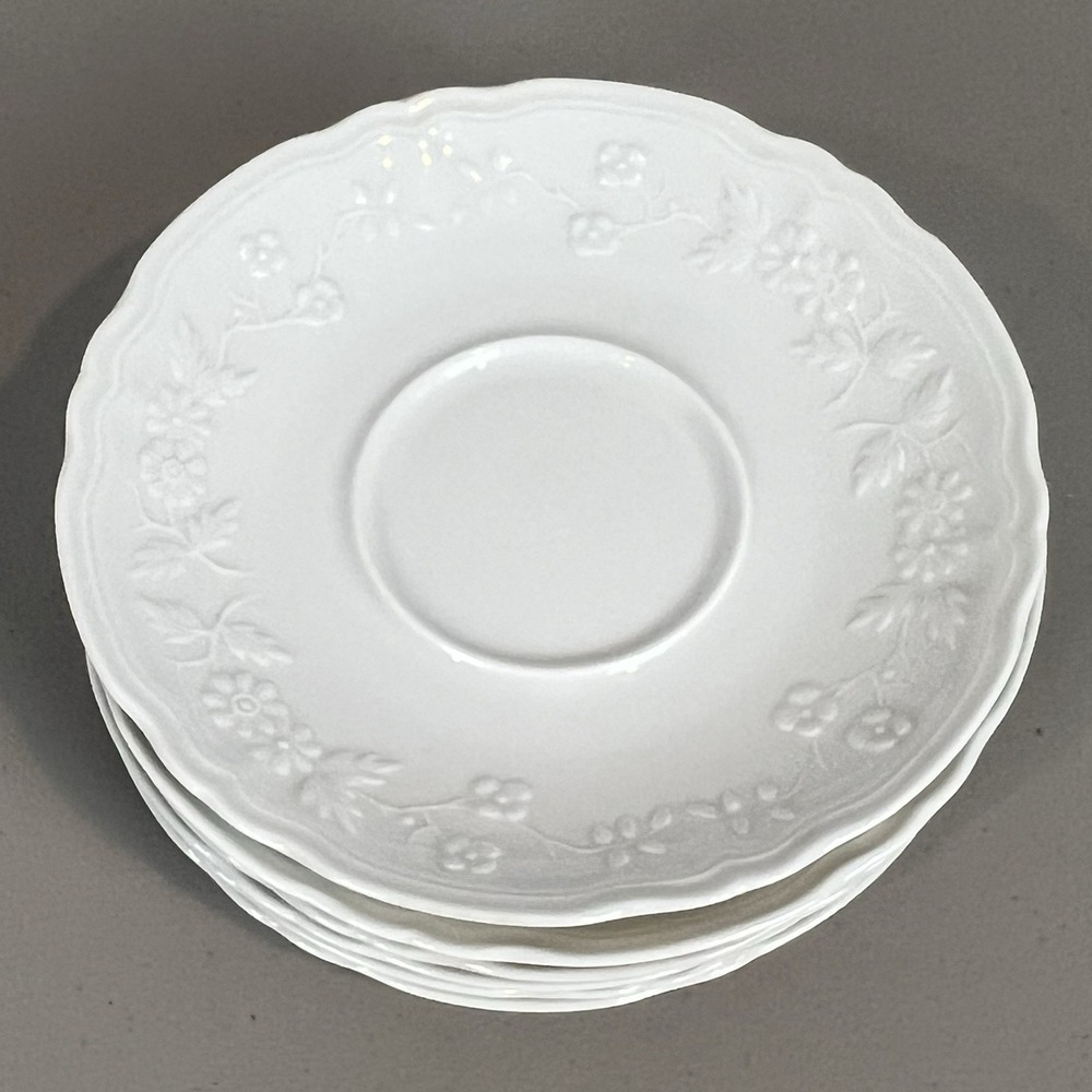 Limoges France Raynaud Ceralene Hawthorn Embossed White Saucers Set of 6
